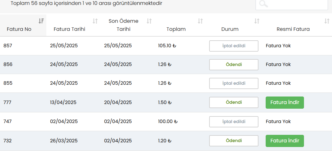 Müşteri Panel Fatura Görüntüleme