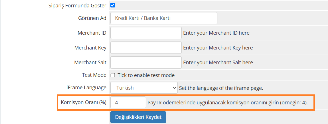 PayTR Modül Ayarları Ekranı